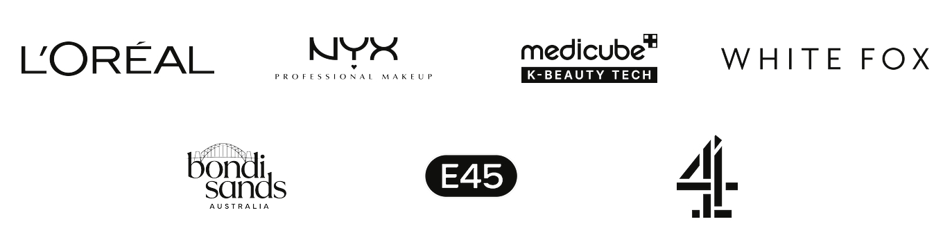 Brand logos: L'Oréal, NYX, Medicube, White Fox, Bondi Sands, E45, Channel 4